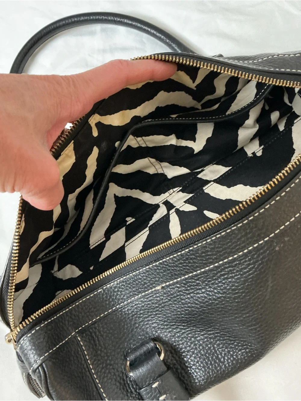 Vintage Kate Spade Black Pebbled Leather Satchel Zebra Lining Contrast Stitch